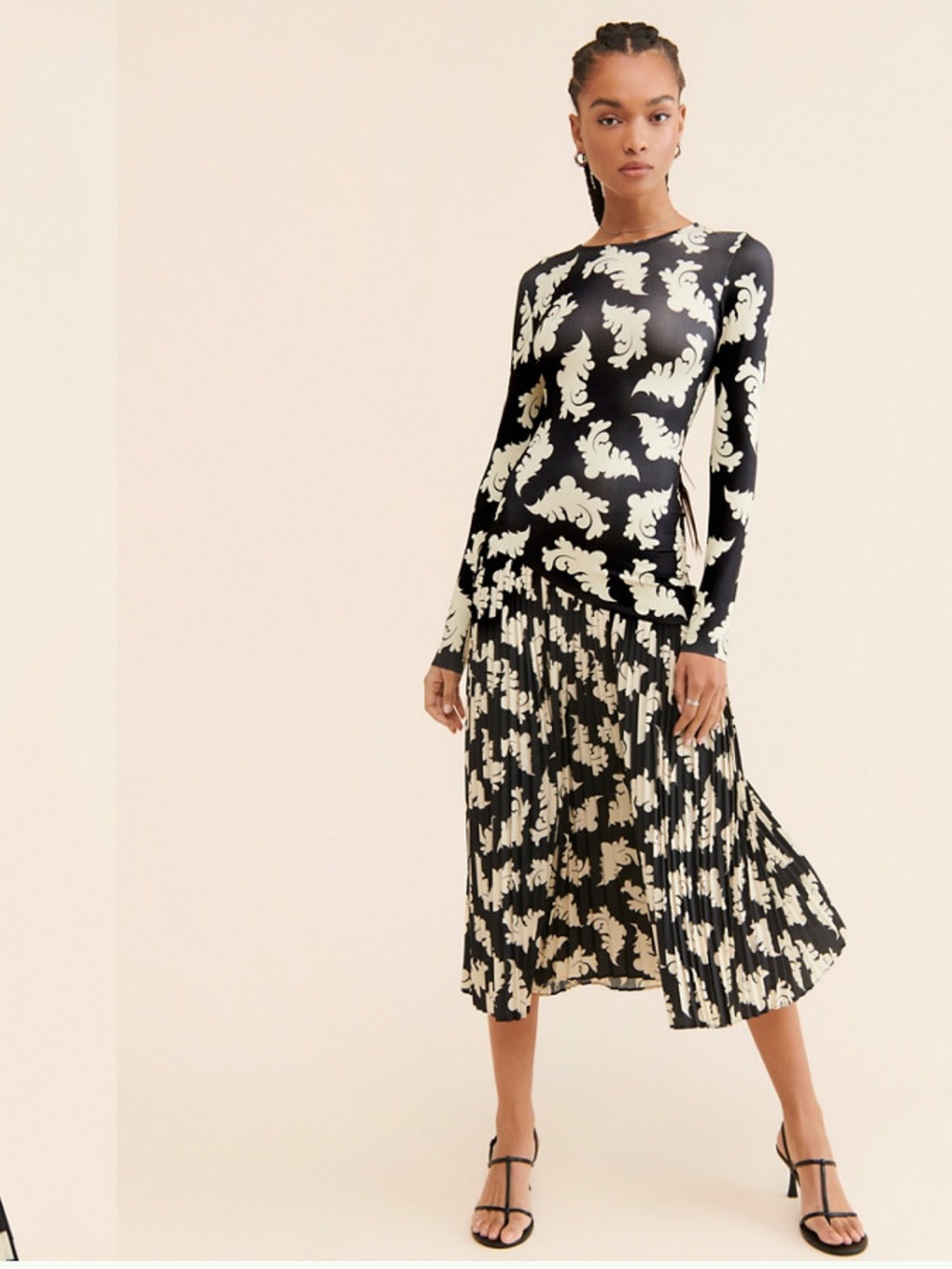 Dhruv Kapoor Anthropologie Black and Cream Print Long-Sleeve Pleated Dress